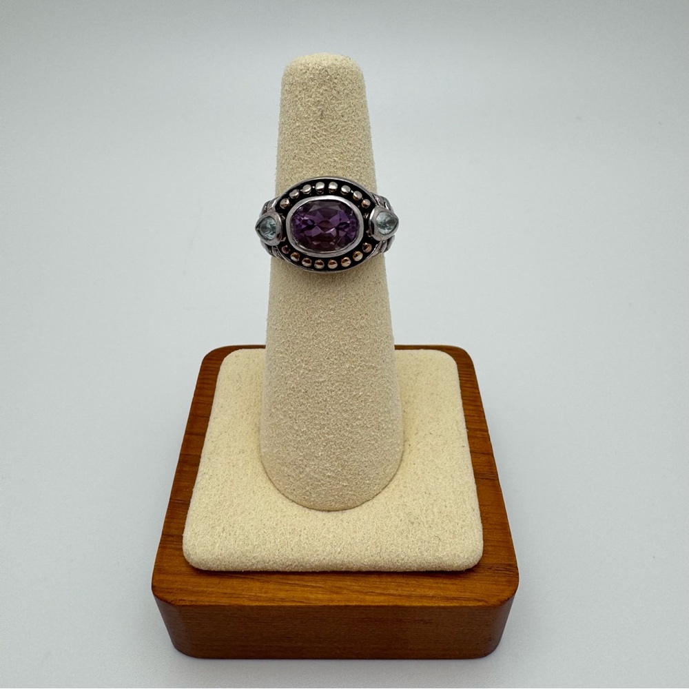 Artisan 925 Sterling Amethyst Blue Topaz Gold Tone Boho Statement Ring Size 6.5